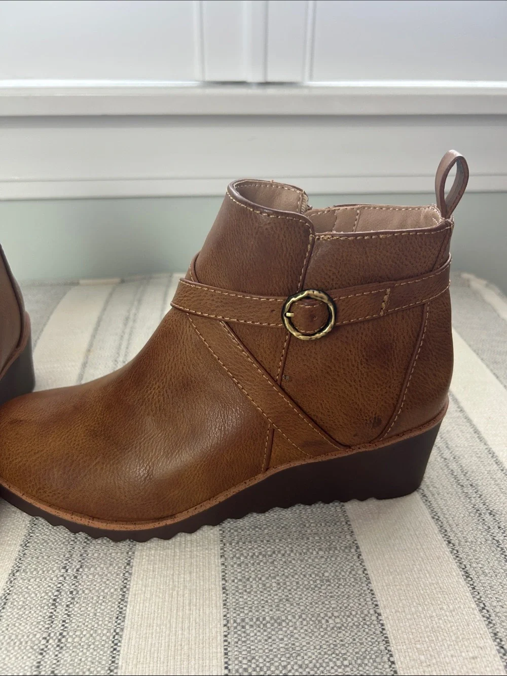Life Stride Brown Faux-Leather Ankle Booties with Wrap Strap